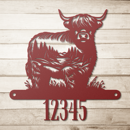 Highland_Cow_Metal_Sign_Red_Simple_Wood_BKGD_Mockup.png