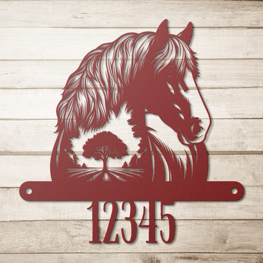 Horse_Scene_Metal_Sign_Red_Simple_Wood_BKGD_Mockup.png