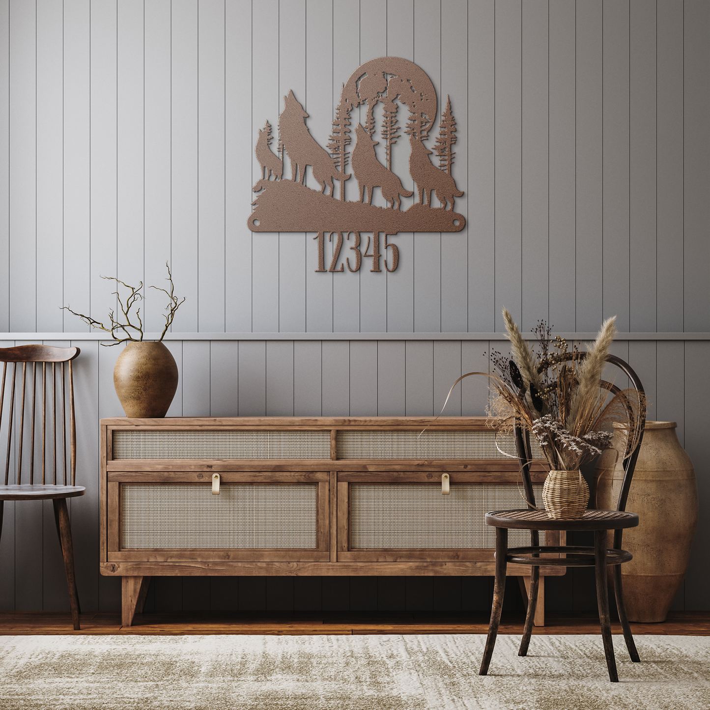 Howling_Wolf_Pack_Metal_Sign_Copper_Rustic_Hallway_Mockup.png