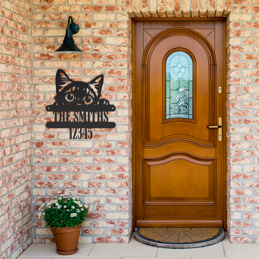 Kitten_Peeking_Metal_Sign_Black_Brick_Entrance_Mockup.png